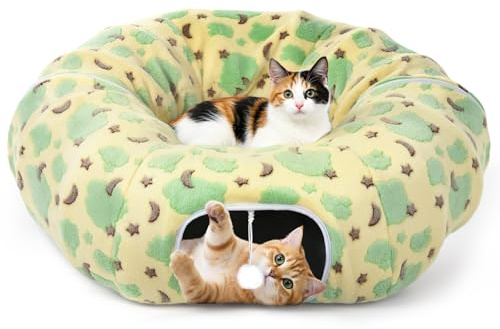 Tivray Tunnel per Gatti da Interno, Letto-Tunnel in Peluche 90 cm con Palla Giocattolo e Cuscino Circolare, Grotta Interattiva Peekaboo, Regalo per Gatti e Coniglietti, Giallo & Nuvole