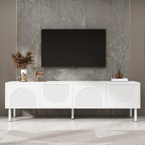 Ligterra Mueble de TV con 3 cajones, diseño redondeado, gestión de cables, con textura frontal, mueble bajo con espacio de almacenamiento, mesa de TV para salón, comedor, dormitorio, 180 cm
