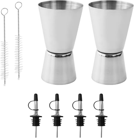 2 Vasos medidores de cóctel, Jigger de cóctel, Jigger de Barra, Acero Inoxidable, 15/30 ml, con 4 vertedores de Botellas, 2 cepillos de Limpieza, para Bares, Clubes, restaurantes, cafeterías