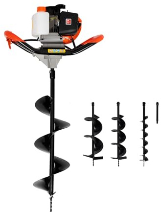 BAOCHADA Tarière à essence 2,3 CV avec 3 embouts de forage 100/200/300 mm, moteur 2 temps 52 cm³, faible bruit, pour clôture, jardin et fondation, embrayage centrifuge