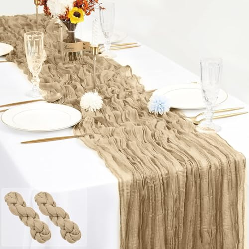 Ezvsevuo 2 STK. Tischläufer Beige 90 x 300 cm - Rustikale Gaze Käsetuch Tischläufer, Boho Dekostoff für Hochzeitsdeko Gartenparty, Brautparty, Geburtstag Deko & Tischdeko (Khaki-Beige)