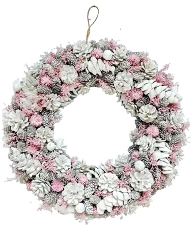 Neo Luxury Extra Large Frosted Pinecone Red Rose Flower Winter Wreath 50cm Home Artificial Christmas Festive Front Door Decoration (Pink Frosted Flowers)