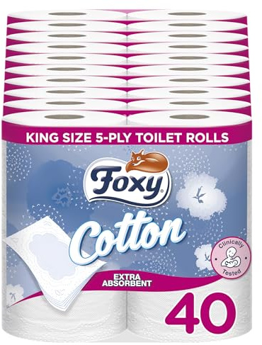 Foxy Cotton Toilet Paper (Pack of 40) – Extra Absorbent, Ultra Soft Toilet Rolls with Real Cotton Fibres – Luxurious 5-Ply King-Size Sheets – Gentle on Skin –FSC® Certified