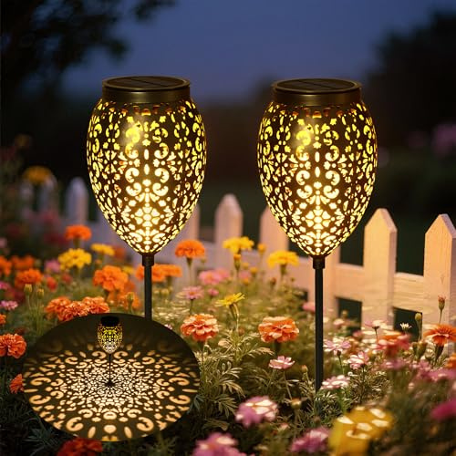 JOYCREATOR Solarleuchten für Außen Metall, 2 Stück Paisley Solarlampen für Außen Garten IP65 Wasserdicht, LED Solarleuchten Garten, Gartenleuchten mit Erdspieß für Terassen Balkon(Schwarz)