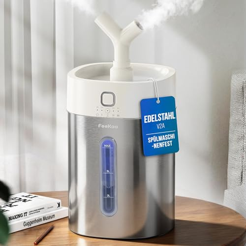 Feekaa Luftbefeuchter Schlafzimmer Große Räume 4L Edelstahl Kaltnebel, Weiß | Ultraschall Humidifier, Spülmaschinenfest, 24dB Leise, Raumbefeuchter für Baby Kinderzimmer, Büro, Wohnzimmer und Pflanzen