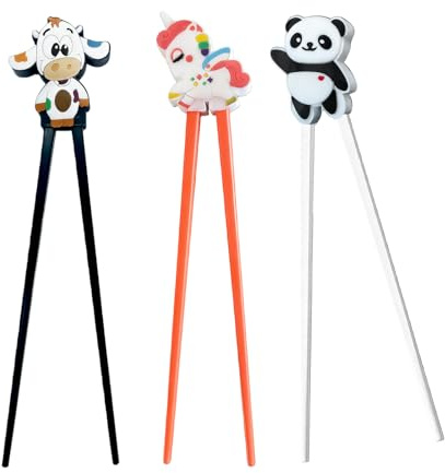 Zamety 3 par ätpinnar för barn, ätpinnar för nybörjare | Ätpinnar hjälp, återanvändbara sushi ätpinnar barn, panda, ko och enhörning design barnpinnar, söt design