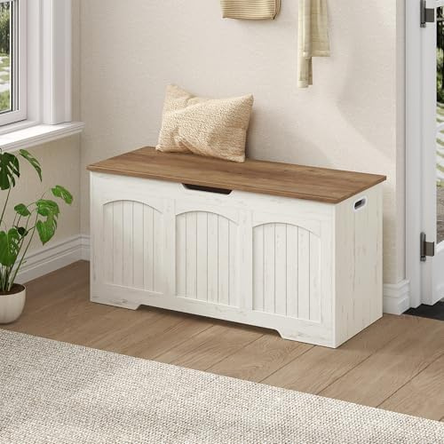 Fobyfurny Puff Almacenaje, Baul Almacenaje Dormitorio, Banco de Seguridad y Asas Laterales Ahuecadas, para el Recibidor, el Dormitorio, 100 x 40 x 48 cm, Blanco y Marrón FFXD103PWR1