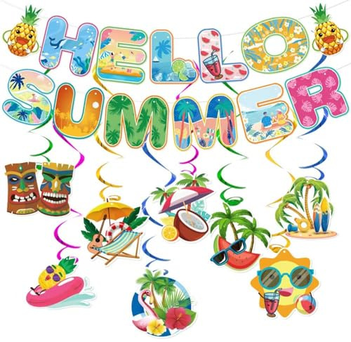 18PCS Summer Decorations Hawaiian Party Decorations Hanging Festival Party Photography Decoration Hello Summer Ideal for Garden Parties, Poolside Photos Reusable for EverySummer Celebration