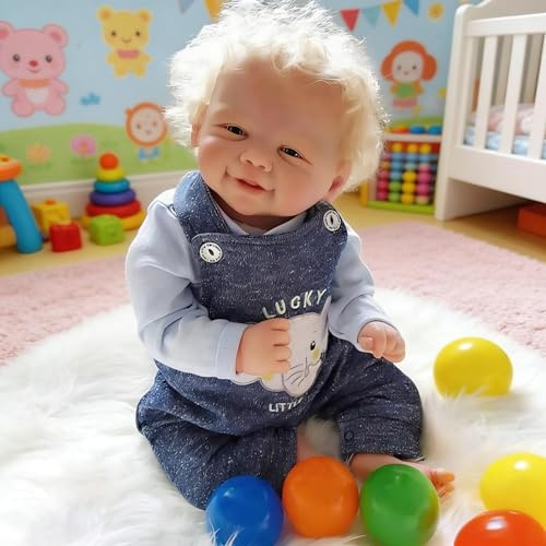 ROSHUAN Reborn Babypuppen Silikon Ganzkörper Vinyl 19 Zoll Lächeln Realistische Babypuppe Junge Blondes Haar Lebensechte Neugeborene Babys Puppen, die echt aussehen Baby Puppe für Alter 3+