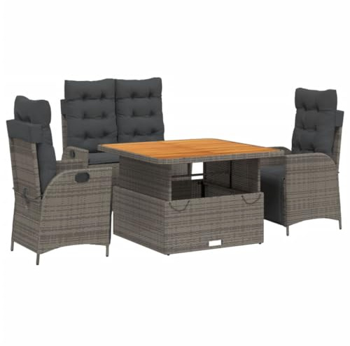 pokgdf 4-TLG. Garten-Essgruppe aus Poly Rattan mit abnehmbaren Kissenbezügen, Gartensessel mit dick gepolsterten Sitzkissen und verstellbarem Gartentisch von Couchtisch zu Esstisch,