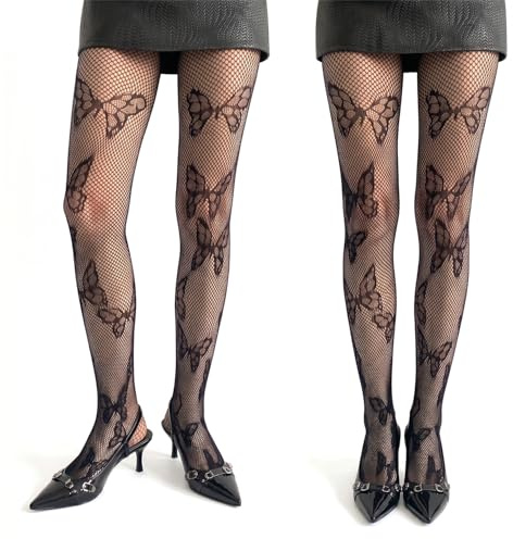 HIVTE Pack de 2 Medias de Rejilla con Encaje Floral para Mujer - Pantis Transparentes de Talle Alto, Negro, Talla Única