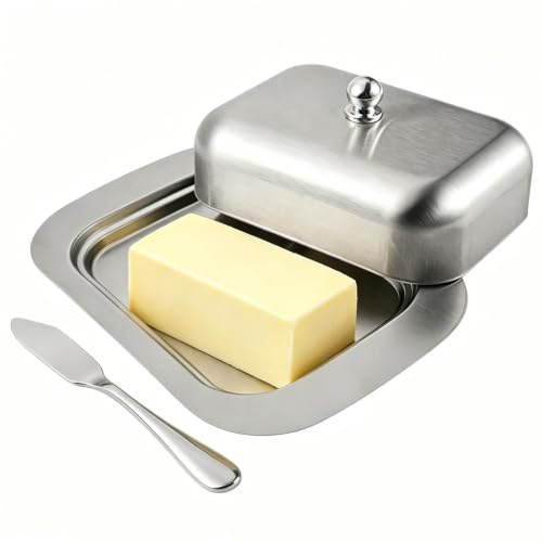 Butterdose Edelstahl mit Deckel, Butterglocke mit Buttermesser, Butterplatte Spülmaschinenfest, Butter Dish für Küche, Frühstück, Kühlschrank, Aufbewahrung von Butter Margarine Käse Kuchen Früchte