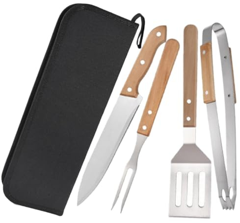 VICASKY Set D'outils de Barbecue, Fourchette à Barbecue Pince et Étui, Acier Inoxydable et Bois, Léger et Portable, pour Steak et Tartes, la Cuisine Extérieure
