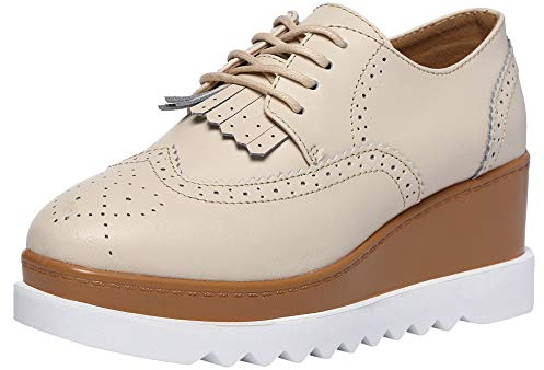 ANUFER Women's High Platform Creepers Lace-up Brogue Tassel Wedge Heel Square Toe Trainers Shoes Beige SN020213 UK5