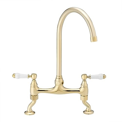 ENKI, Astbury, KT101, Deck Mounted Polished Gold, Kitchen Sink Mixer Tap, Featuring a Swivel Swan Neck Spout and Quarter Turn Ceramic Levers, Solid Brass Construction, Traditional Design | Solid Brass, Ceramic Disc Valve, Swivel Spout, Easy Install, Fittings Included, Swan Neck, Farmhouse Kitchen