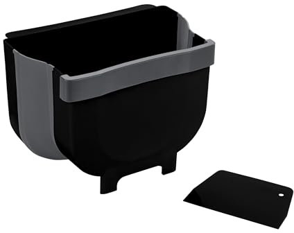 WENKO Poubelle de porte Fago 5 litres, collecteur de déchets à suspendre Black Outdoor Kitchen, racleur inclus, fixation sans perçage sur porte d'armoire ou tiroir, pliable, 25,5 x 18 cm x 18 cm, noir