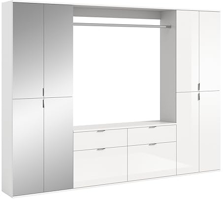 xonox.home - Garderobenkombination Projekt X 3-TLG. Set 243x193x34 cm in weiß und weiß Hochglanz - Flurmöbel Dielenmöbel Garderobenschrank Eingangsbereich - funktional