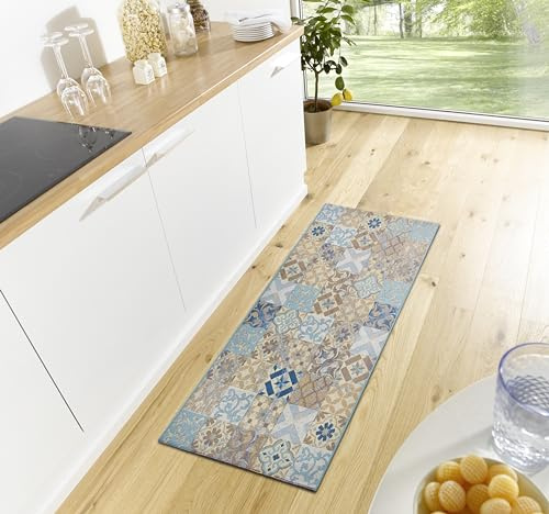 Hanse Home Küchenläufer – Küchenteppich rutschfest und Waschbar - Pflegeleicht Teppichläufer Fliesen Muster Teppich Läufer für Küche, Flur, Eingangsbereich, Esszimmer – Blau Multifarben, 75x150m