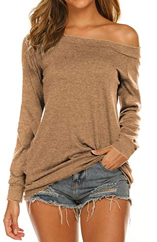 Lalala lång tröja damer toppar elegant axellös t-shirt kortärmad/långärmad blus tunika skjortor, kaffe, L