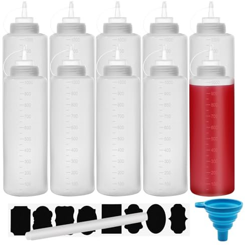 Chetexus - Confezione da 10 bottiglie da spremere per salse, da 1000 ml, in plastica, con misure per ketchup, barbecue, salse, sciroppo, condimenti