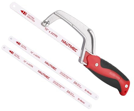 HAUTMEC Junior Hacksaw, Mini Hack Metal Saw, Compact Handsaw with 3 Pcs Bi-Metal HSS Blades, Small Saw for Cutting Metals、Wood、Plastics, Especially Cuts in Tight Hard-Reach Spaces, HT0355