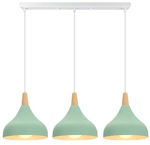 iDEGU 3 Retro E27 Pendant Light Modern Style Drop Hat Ceiling Light Metal Wood Ceiling Lamp for Dining Room Living Room Kitchen Diameter 20 cm (Green, Bar)