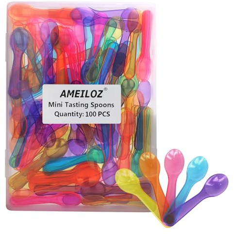 AMEILOZ 3 Colored Mini Taster Spoons Extra Small Plastic Tasting Spoon for Yogurt Pudding Jello Shots Ice Cream, Multi-Color Tiny Sample Spoons (1 Pack of 100 PCS)
