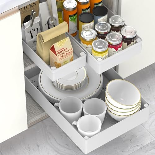 HASA zone 3-Pack Ausziehbare Schublade küche, 3 Größen von Teleskopschublade, Ausziehbarer Schrank Organizer mit Nano-Klebefolie, für Küche, Speisekammer und Bad, Weiß