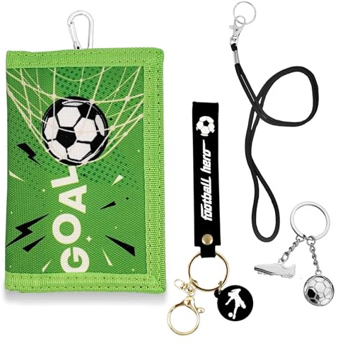 Football Wallets for Boys, Kids Neck Pouch Keyring, Trifold Velcro Purse