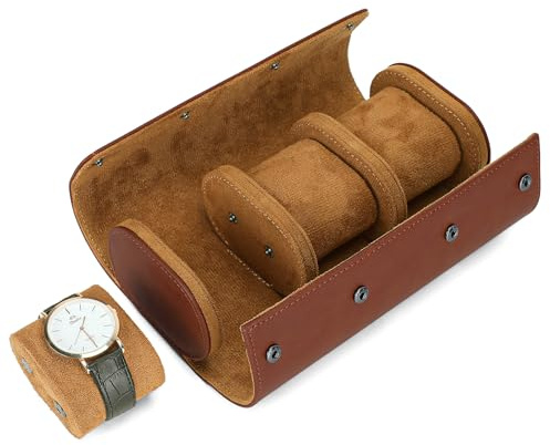 BAIGIO Tragbar Uhrenbox Uhrenrolle mit Uhrenkissen Travel Watch Box Case PU-Leder Uhrenaufbewahrung Reise Uhrenkasten Uhrenetui 3 Fächer Uhren Aufbewahrungsbox Uhrenkoffer für Damen Herren, Rot-Braun