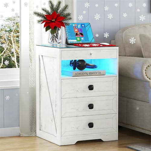 Gurexl Smart NightStand with Glass Top and Hidden Drawer,White