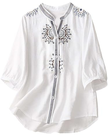 Tshirt Damen Sommer, Leinenbluse Damen, Baumwolle Leinen Shirt 3/4 Arm Blusen & Tuniken V-Ausschnitt Oberteile Elegant Leinenhemd Langarm