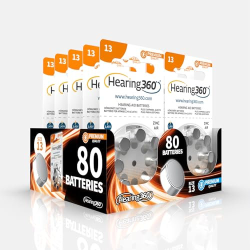 Hearing360 80 batterie per apparecchi acustici misura 13 qualità premium, durata extra, compatibili con tutti i modelli, senza mercurio (10 blister da 8 pile)