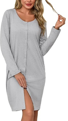 Litherday Nattlinne dam långärmad bomull med knappar rund hals nattlinne vinterpyjamas amning nattklänning mjuk och bekväm, Ljusgrå, XL
