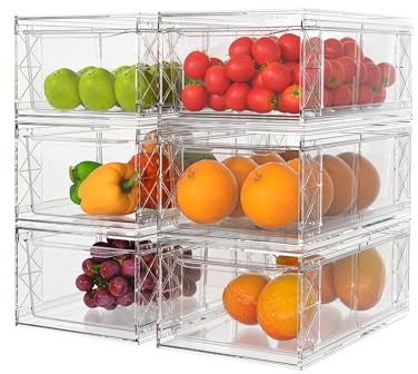 WRRLORS 6 Pack Stackable Storage Drawers,Clear Fridge Organizer with Handles and Movable Dividers,Pull-Out Acrylic Drawer Organizer for Pantry, Bathroom,Kitchen Undersink,Cabinet