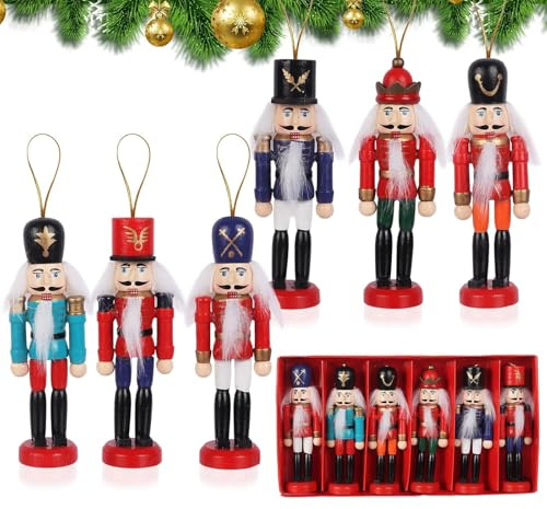 Wsetyy Wooden Christmas Nutcracker Soldier Ornaments 6 PCS, Mini Christmas Nutcracker Soldiers Tree Hanging Decorations, 12cm Wood Mini Nutcrackers Figures Hanging Ornaments (Style A)