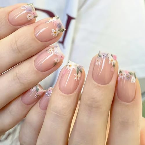 Viugex 24 Pièces Faux Ongles Court Carrés, Nude Rose Ongles à Coller, Naturels Français Press on Nails avec Fleurs Conception, Réutilisables Brillant Acrylique Artificiel Capsules Ongles pour Femmes