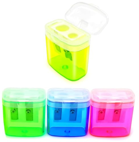 GNALIA Temperamatite Con Serbatoio, 4 Pezzi, Rosso Giallo Blu Verde, Doppi Fori Matite Spesse Sottili, Coperchio, Dimensioni 4Cm X 3.5Cm X 2Cm, Per Bambini Scuola Uffici