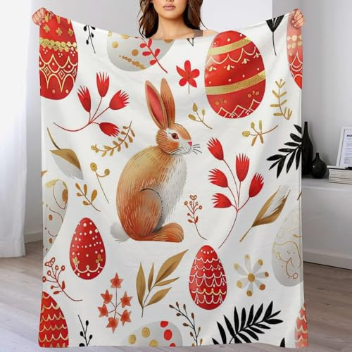 ArogGeld Watercolor Bunny Colorful Floral Soft Luxury Flannel Blanket Rabbit Easter Eggs Wildflowers Flannel Fleece Blankets Cosy Soft Warm Sofa Throw 70x80in to Friend