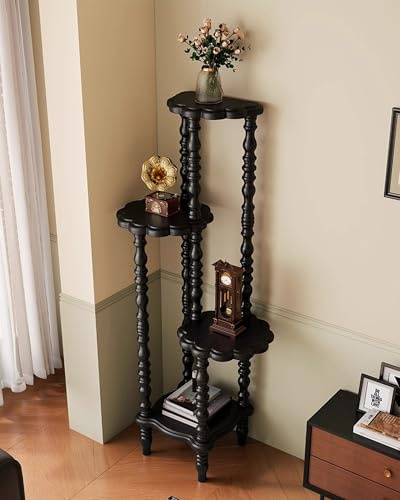 NKGIAG Vintage Corner Shelf 4-Tier, Solid Wood Display Shelf Mid Century, Unique Handcrafted Antique Display Rack, Freestanding Corner Bookshelf with Spindle Legs for Living Room Bedroom, Black