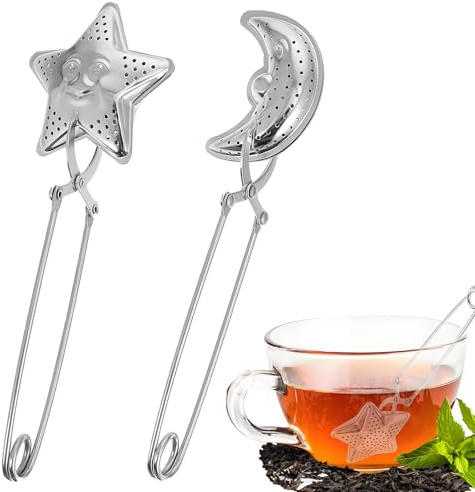Lot de 2 passoires à thé en vrac en acier inoxydable 304 avec poignée rabattable, boules à thé en forme d'étoile et de lune, filtre à thé argenté, pince à thé pour thé en vrac, rose, café, épices