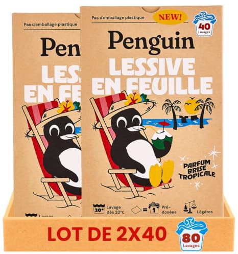 Penguin Lessive en Feuille - Idéale en Voyage, Solide, Hydrosoluble et Gain de Place - Dosette pour Main et Machine à Laver - Lingette Parfumée Brise Tropicale - 80 Lavages