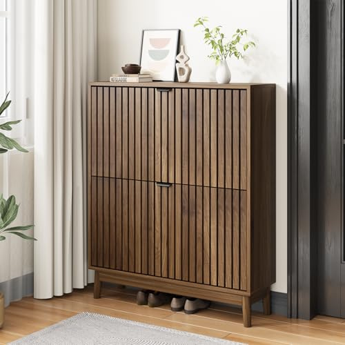 Kiasthome 2-flügiger Schuhschrank mit Klappschubladen, Holz-Schuhorganizer mit belüfteten Lamellentüren für Eingangsbereich, Flur, Wohnzimmer (Walnuss, 80B)