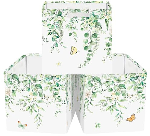 Clastyle 3 Stück Blatt Damen Aufbewahrungsbox Stoff für Kallax Faltbar Aufbewahrungskorb Klein Schrank Organizer Kleiderschrank für Regal, Eucalyptus, 30x30x30 cm