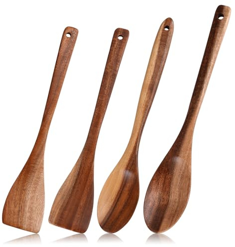 4 Stück Kochlöffel Holz Holzspatel Set, Holzschaber Kochen Pfannenwender