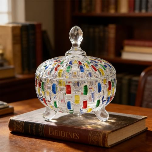 AKAZA 24 oz Candy Dish with Lid, Decorative Candy Dishes Container,Embossed Glass Jar, Colorful Crystal Storage Bowl for Office Desk, Home Decor, Party Snacks, Chocolate, Jewelry (Clear)