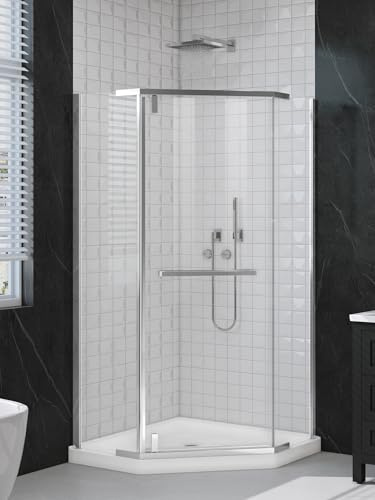 36 x 36 D x 72 H Neo Angle Shower Door, Corner Shower Enclosure with 1/4 Clear Tempered Glass, Space-Saving Diamond Shower Stall with Anti-Explosion Film & Easy-Clean Nano Coating, Chrome Silver