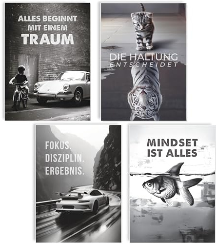 mojoliving Motivations Poster Set Mindset Erfolg Fokus Disziplin Wandbilder A4 Schwarz Weiß Inspirierende Kunstdrucke für Büro Wohnzimmer Home Office