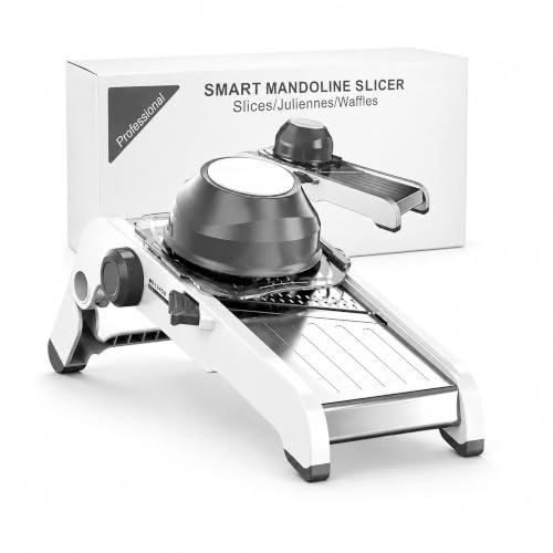 SunnySanji Adjustable Mandoline Slicer, Vegetable Slicer for Chips & Salad | Straight, wavy, ribbon and waffle cuts with 1–6 mm thickness, removable blade, safety holder and foldable stand.