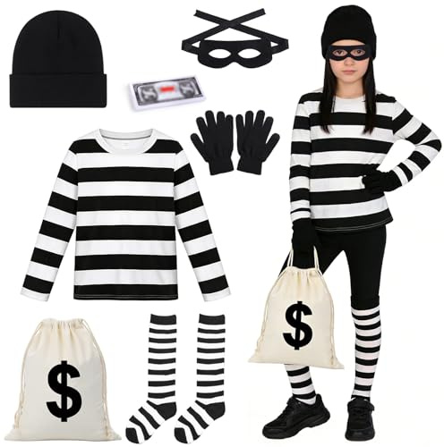 GOUYENG Costume da Ladro,Set di Costume di Ladro,Accessori Vestito da Ladros,con Maschera Ladro Guanti Sacco Denaro Calzini Cappello Maglietta,per Carnevale,Cosplay,Festa a Tema